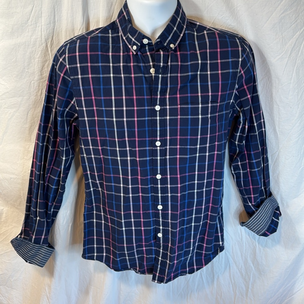 Gently used Express blue plaid soft wash button-up casual shirt size small